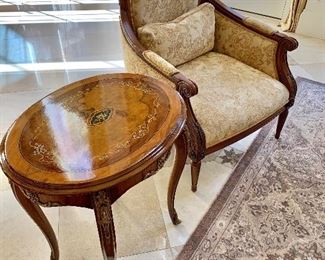 Inlay, ormolu side table and two custom arm chairs