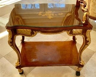 Italian Ormolu, inlay bar cart on wheels with carved gilt gold accents