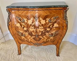 Hand inlay wood, ormolu, marble top Bombe chest