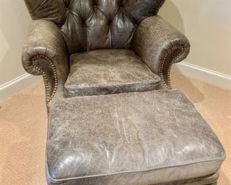 Frederick Edwards - Milford leather tufted back, nail trim chair with Milford ottoman