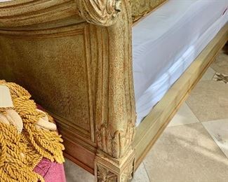 Queen Hickory White carved sleigh bed detail