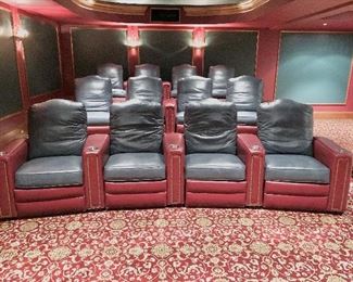 12 custom designed home theater Power Reclining Chairs designed by MotionCraft Furniture - hunter green/burgundy leather with nail head trim - SOLD IN SETS OF FOUR!!!