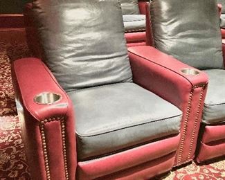 12 custom designed home theater Power Reclining Chairs designed by MotionCraft Furniture - hunter green/burgundy leather with nail head trim - SOLD IN SETS OF FOUR!!!