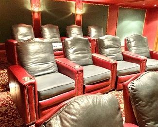 12 custom designed home theater Power Reclining Chairs designed by MotionCraft Furniture - hunter green/burgundy leather with nail head trim - SOLD IN SETS OF FOUR!!!