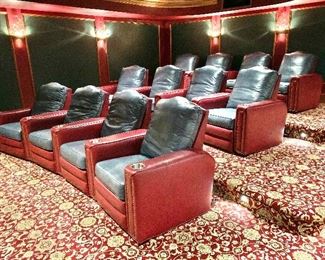 12 custom designed home theater Power Reclining Chairs designed by MotionCraft Furniture - hunter green/burgundy leather with nail head trim - SOLD IN SETS OF FOUR!!!