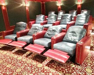 12 custom designed home theater Power Reclining Chairs designed by MotionCraft Furniture - hunter green/burgundy leather with nail head trim - SOLD IN SETS OF FOUR!!!