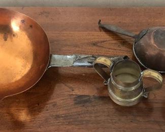 antique copper items, large ladle marked Skovde Furhoff