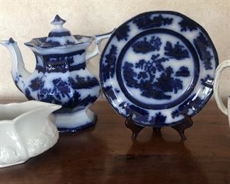 1800's Antique Wedgewood Flow Blue Chapoo pattern coffee pot and plate