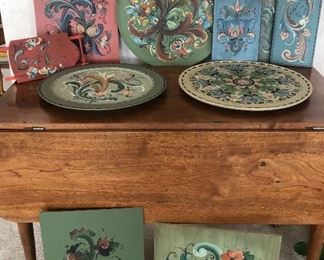 Handpainted Rosemaling, most completed by estate owner, several marked made in Norway