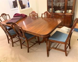 #1 Double pedestal Duncan Phyffe Table w/1 leaf & 6 chairs 66-78x42x30 $175.00