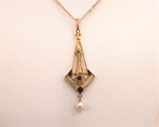 14k Lavalier with Enamel, Sapphire and Pearl