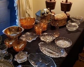 Carnival Glass, divided servers, platters, Mccoy Cookie Jars