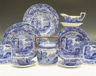 A Copeland Spode "Italian" Dinner Service for Eight, Forty-Seven Pieces. Including 8 dinner plates, 8 salad plates, 8 square bread plates, 8 cups, 8 saucers, 2 vegetable bowls, 2 meat platters, 1 biscuit jar with handle, and 1 sauce/gravy boat with underplate. Each with one of two styles of backstamps. Some crazing. Platters are 11 x 14 3/4" long and 12 3/4 x 17 3/4" long.