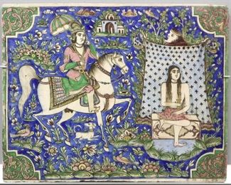 A Persian Glazed Ceramic Tile, Early Qajar Dynasty. Rectangular form with polychrome glaze in azure, green, pink, white, and yellow and features the scene of "Koshrow Seeing Shirin Bathing". Qajar Dynasty, 1789-1925. Crazing evident, some chipping along the edges. 20 x 16" high.
