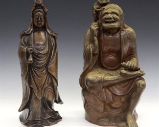 Two Japanese Bizen Ware Figures. Including 1 figure of Quan Yin and 1 figure of a man with a toad with four legs, possibly a depiction of Gama Sennin. The first figure has impressed mark, the other is signed at the base and the interior. The figure of Quan Yin has some chipping at the base, minor wear to other piece. Up to 12" high. ESTIMATE $200-300 The figure of Sennin was purchased at Christie's, #714, sale 7340, in October of 1991.