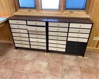 3 matching wood and canvas drawer/shelf cases 
