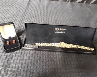 Pierre Bideaux watch red stone earrings