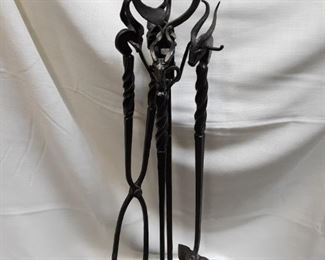 Fireplace set animal head and 2 andirons