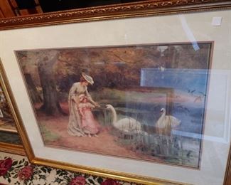 Beautiful lithograph of lady feeding swans