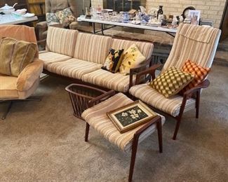 Mid-Century Sofa, Chair and Ottoman  Arms on Sofa and Chair are not matching, so (Sofa Priced Individually, Chair and Ottoman Priced Together)