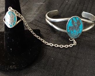 Beautiful turquoise sterling silver inlay slave ring bracelet