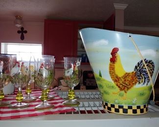 Crystal glasses and rooster bucket