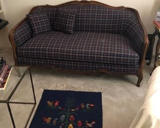 Charming settee - small sofa - preppy loveseat plaid.   Tree of life Navaho Rug. Set of 5 autographed composer conductor programs