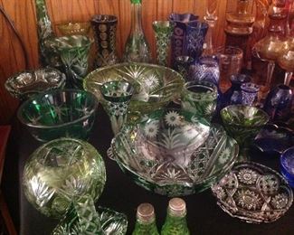 cut colored crystal stemware, bowls, vases, etc
