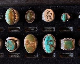 Mens Native American turquoise rings and three women's Native American  turquoise rings, many are signed including Gene Jackson, Navajo