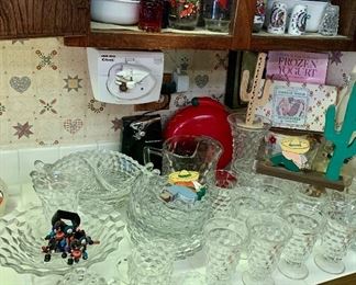 Loads of Fostoria Cubist pattern glass: Stemware, serving bowls, dinner & salad plates, cake plate, etc.