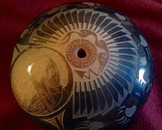 Santa Clara Publo, jewel size, Sgraffito carved pot by Kevin Naranjo. Notice the eagle's head within a circle. Client paid $485.00, you will be able to purchase for a fraction of this price.
