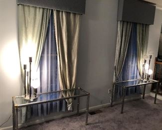 Pair of 70’s chrome fax bamboo consoles tables with chrome lamps