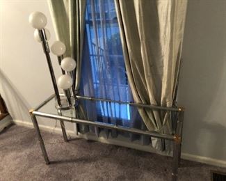 Pair of chrome bamboo console tables and lamps.  There are two lamps as well