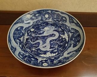 Large Chinese Blue and White dragon decorated charger. 14.5" diameter. Underglaze blue mark on underside.