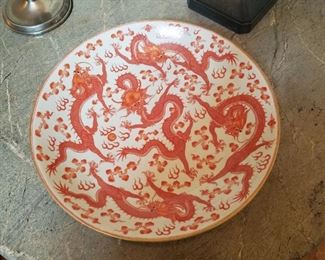 Chinese Coral Dragon large charger. 15.5" diameter. Underglaze blue mark on underside
