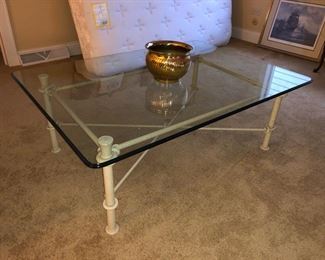 Glass/metal coffee table (brass bowl, mattress set sold)
