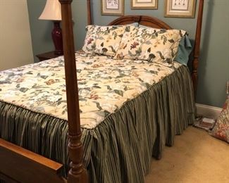 Queen bedframe and linen set (mattress and framed wall decor sold)