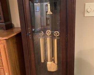 #12	The Steinway Co Clockmakers grandfather clock series 111.  With wind up key and booklet.  20"x11"x77"	 $200.00 

