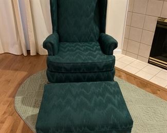 #32	Les Brown Chair Company green wingback chair with ottoman	 $50.00 
