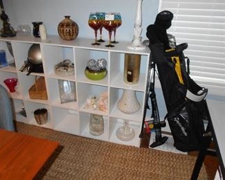 book shelf's, misc. Golf set, air pump