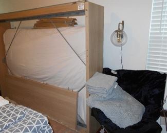 queen-size bed, wall lamps, easy chair, comforter set
