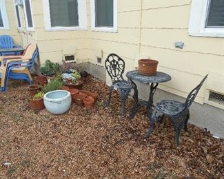 yard items, cast iron patio set, lawn chairs