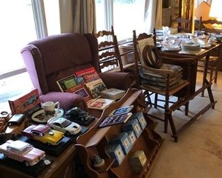 Collector cars, end table, chair, wall shelf, drop-leaf table/chairs/leafs/cushions, curio cabinet