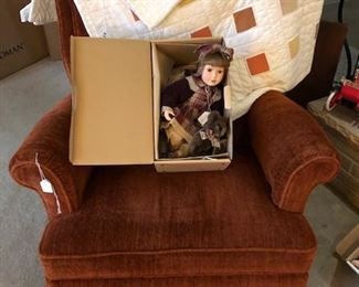 Chair, quilt, collector doll, chair