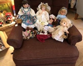 Chair & large selection of collector dolls