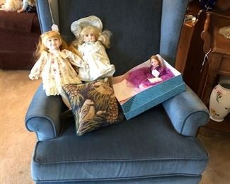 Chair, doll collection, etc.
