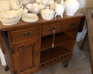 Serving cart & white hobnail glassware