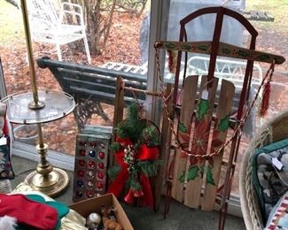 Floor lamp, sleds, etc.