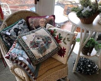 Wicker rockers & table, pillows, Christmas decor