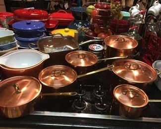 Large Collection of Beautiful Copper Pots with Lids and Copper Trim